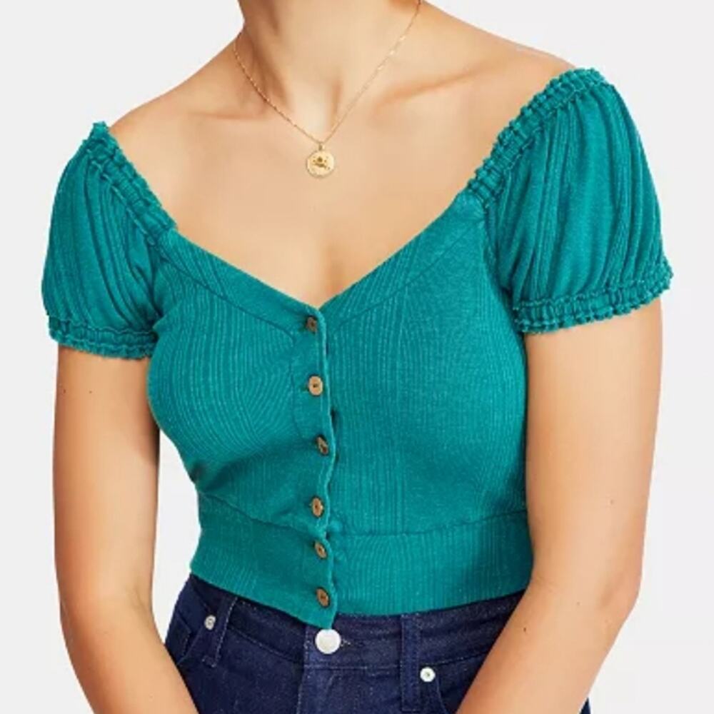 Free People Brighter Days Off Shoulder Button Front Top Green Ruched Fitted M